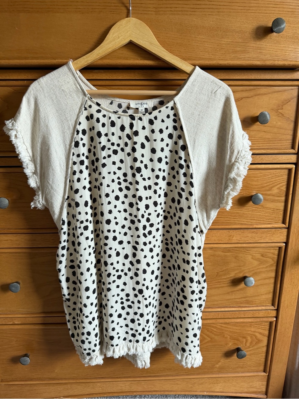 Umgee Womens Ivory Frayed Hem Leopard Print High Low Mixed Media Tunic Top Sz M